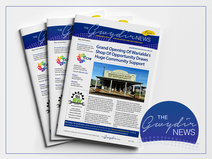 Printed booklet mockup of The Gwydir News May 2026 edition.