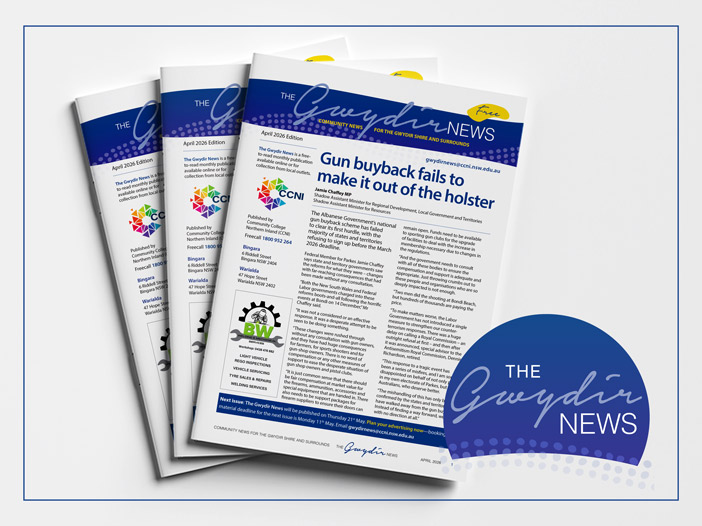 Printed booklet mockup of The Gwydir News April 2026 edition.