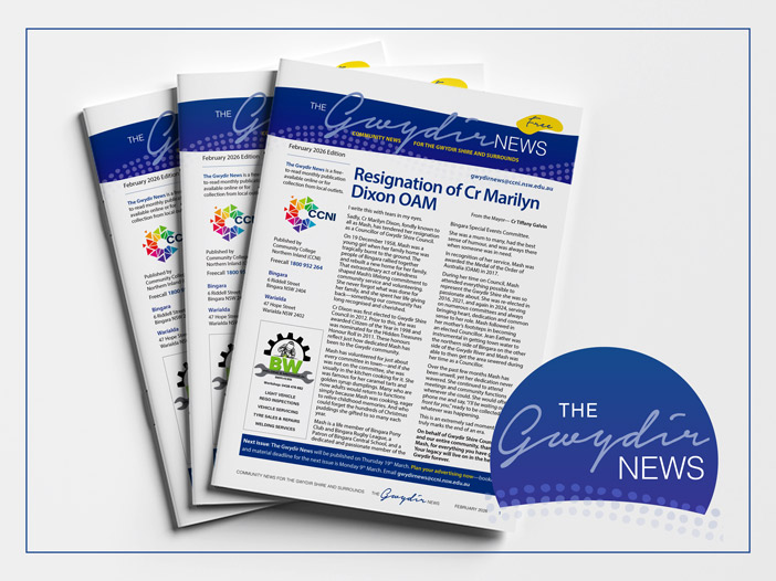 Printed booklet mockup of The Gwydir News February 2026 edition.
