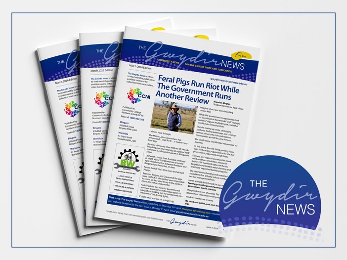 Printed booklet mockup of The Gwydir News March 2026 edition.